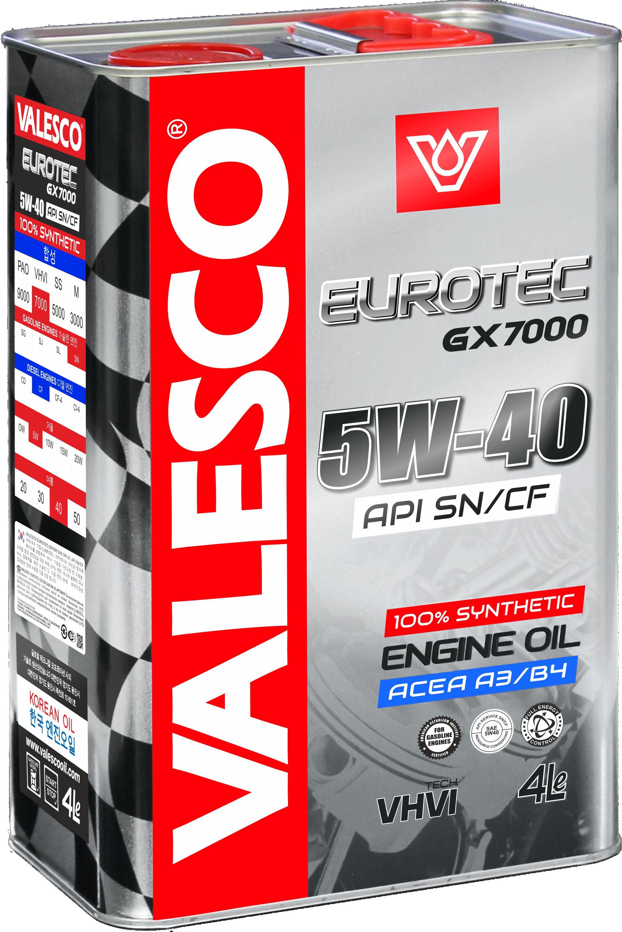 Масло моторное VALESCO EUROTEC GX 7000 5W-40 API SN/CF синтетическое 4л BMW Longlife-01 MB/VW 502 00/505 00 ACEA A3/B4 API SN / 5W40 (аналог 566872s)